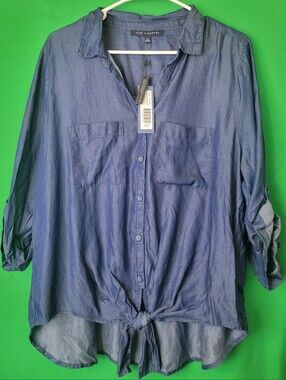 Alex & Parker Chambray Tie-Front Button Down Shirt Denim Blue Roll Tab Sleeves